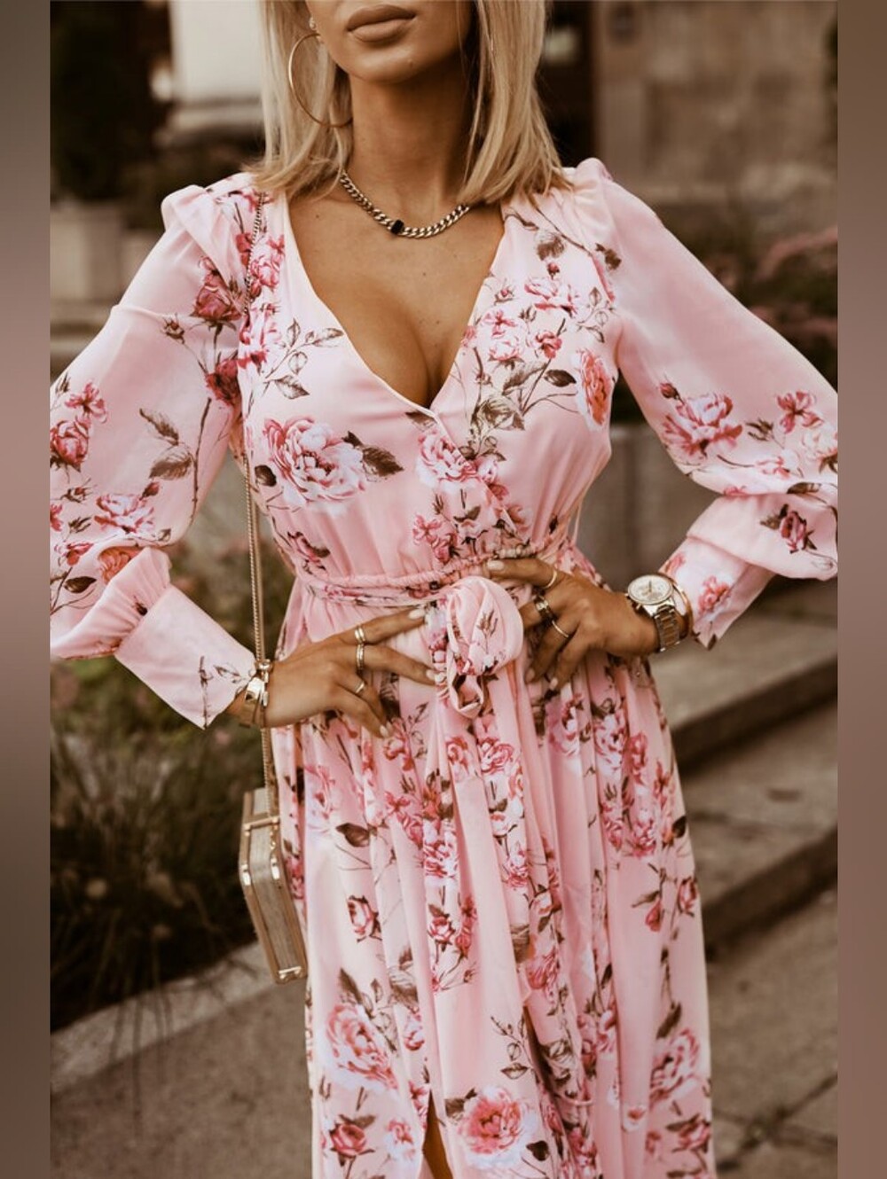 LAST ONE! Pink Floral V Neck Maxi Dress With Long Sleeves - Picture 4 of 5
